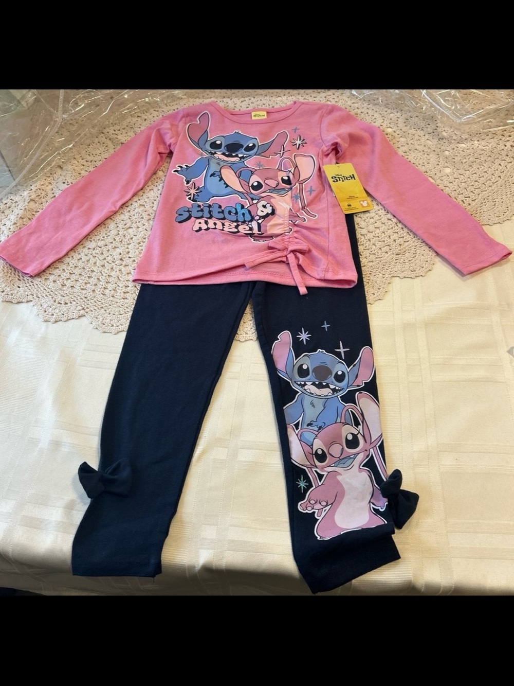 Disney Stitch & Angel Pink and Navy adorned top and pants set size 5/6